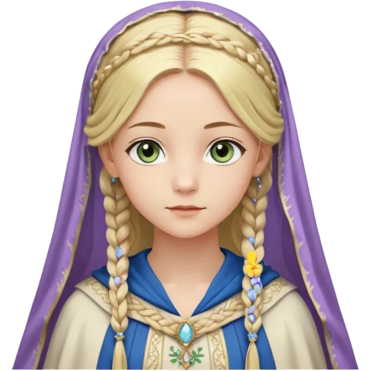 Joven de unos 30 años, de aspecto dulce y elegante.
Piel clara, ojos (pueden ser azules o verdes)
Rubio o castaño claro, largo, con trenzas o velo.
Vestido largo de tonos suaves (blanco, azul o lavanda), con bordados dorados; un manto o toca fina cubriendo la cabeza. Haz todo el cuerpo. emoji