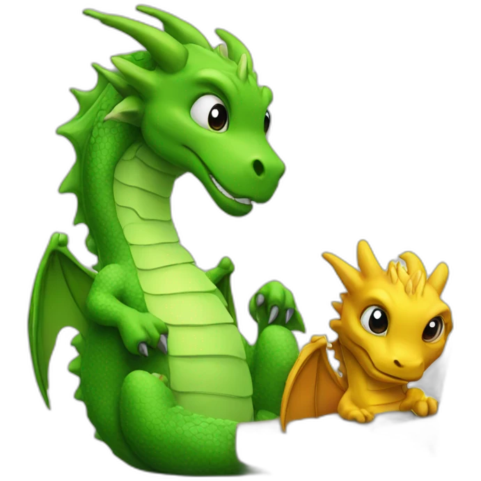 two dragon friends different colors looking at a computer emoji