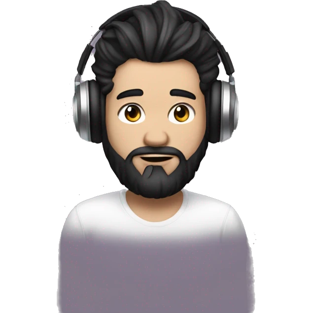 a DJ with white skin, using a headset, horns, straight black hair that is piled up at the front forming a topknot and a gradient beard joining the hair, he is 35 years old. emoji