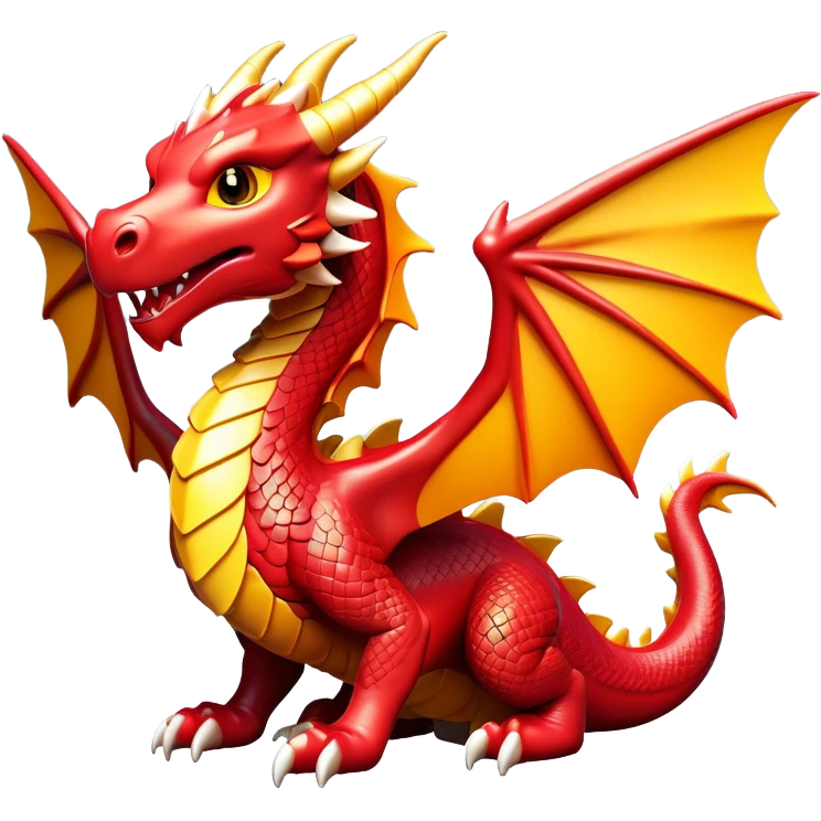 Clash of Clans aesthetic: Cinematic fierce Dragon Emoji, rendered in a 3D vector-style similar to standard emojis with minimal shading and bold, simplified shapes. A compact, isometric dragon with majestic wings and intricately scaled details, softly glowing with a legendary, mythical charm. Simplified yet unmistakably iconic, highly detailed and consistent, glowing with a soft radiant brilliance and high shine. Stylized with a touch of fantastical might and a soft glowing outline, capturing the essence of a mighty dragon with a friendly, playful demeanor! emoji