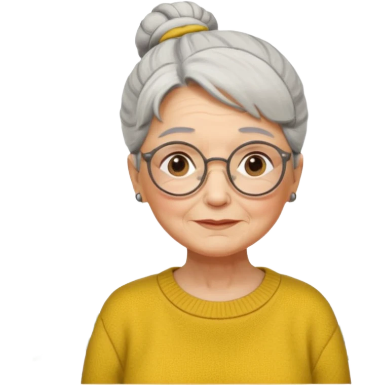 Abuela con arrugas, cabello canoso blanco en moño, expresión tierna, gafas redondas, suéter amarillo y detalles relacionados con plantas. Estilo amable y acogedor. emoji