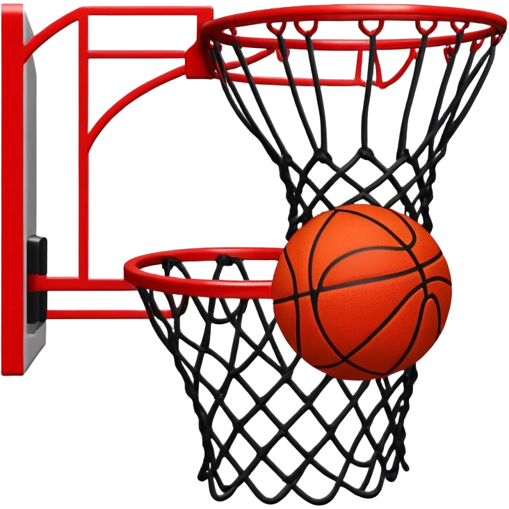 Red and black basketball halfway through net, freeze frame moment, iOS emoji style emoji