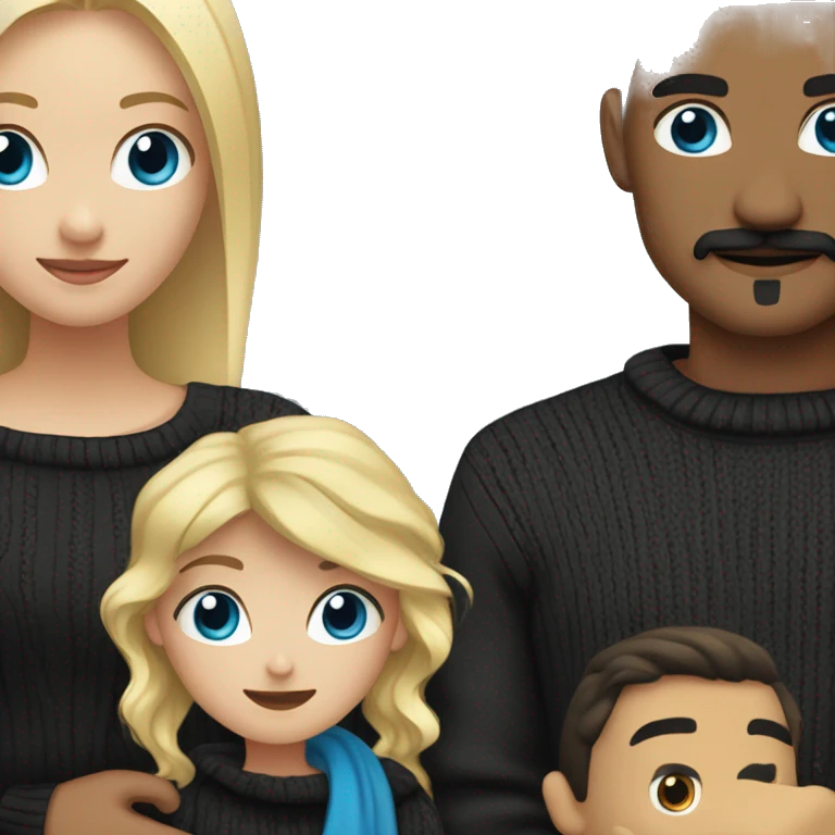 Blonde girl with blue eyes in black sweater and man with hispanic man with a mustache and dark eyes hugging emoji