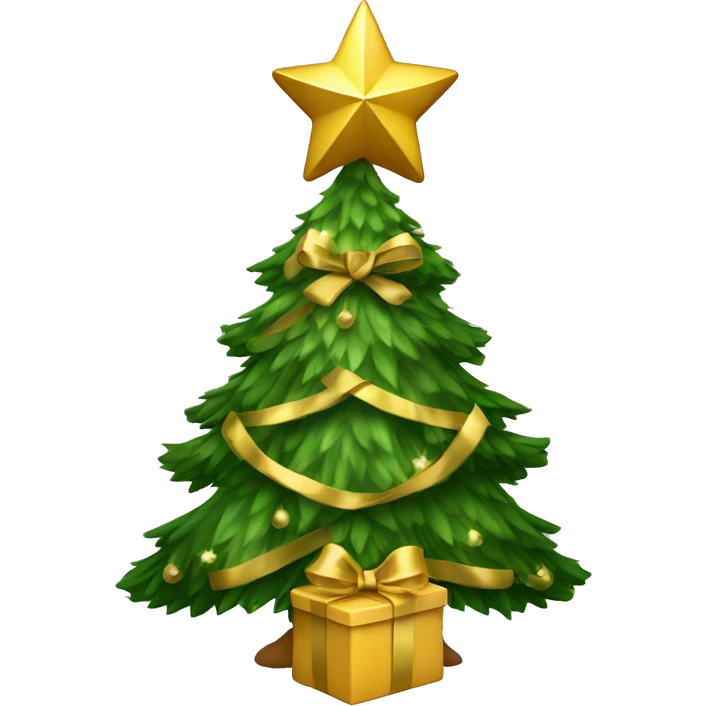 Christmas tree with golden ornaments, star on top and a golden bow emoji