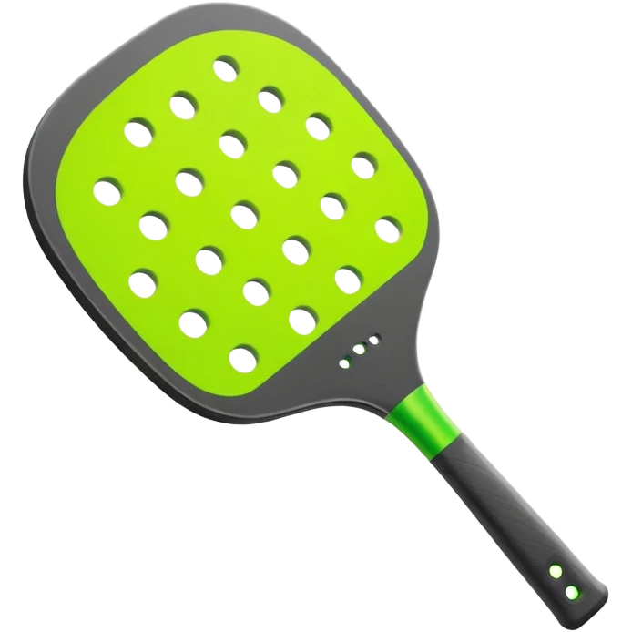 Modern Pickleball paddle graphite without holes, dark grey. 1 ball beside or on top the paddle florescent green at 45 degrees emoji