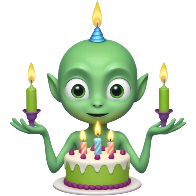 A cute friendly alien holding a birthday cake with candles, big expressive eyes, bright colors, cartoon style, playful atmosphere, 3D animated look, Pixar-inspired, highly detailed
 emoji