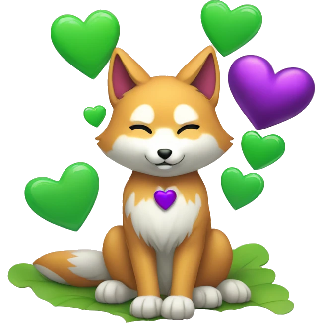 A Kitsune Holding a 3 Hearts, a Purple Heart, a Green Heart and a White Coloured Heart emoji