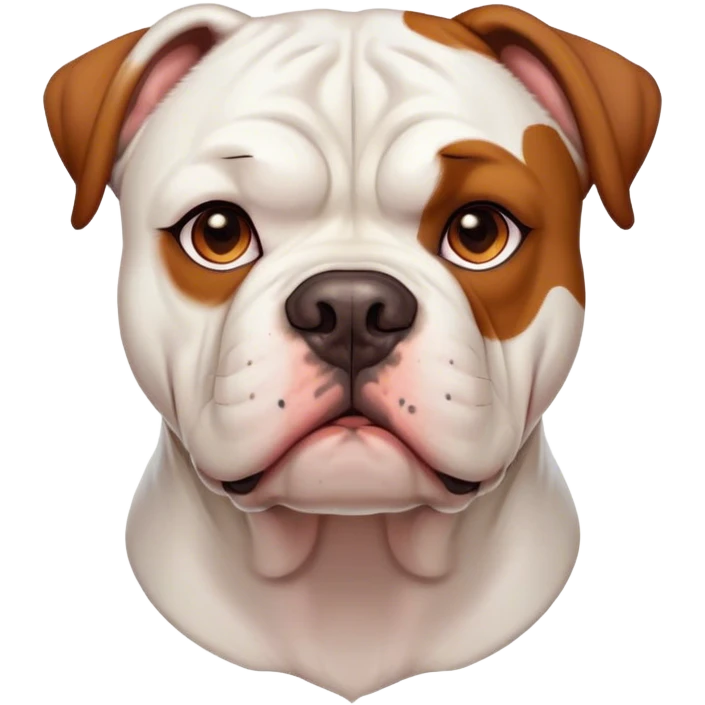 Cinematic Noble White and Brown American Bulldog Portrait Emoji, Poised and regal, with a strong, muscular build and a short, well-groomed white coat accented by warm brown patches, deep-set soulful brown eyes, Simplified yet sharp and sophisticated features, highly detailed, glowing with a soft, dignified glow, high shine, intelligent and loyal, stylized with an air of strength, focused and attentive, soft glowing outline, capturing the essence of a watchful and confident guardian, so majestic it feels as though it could step out of the screen with effortless authority! emoji