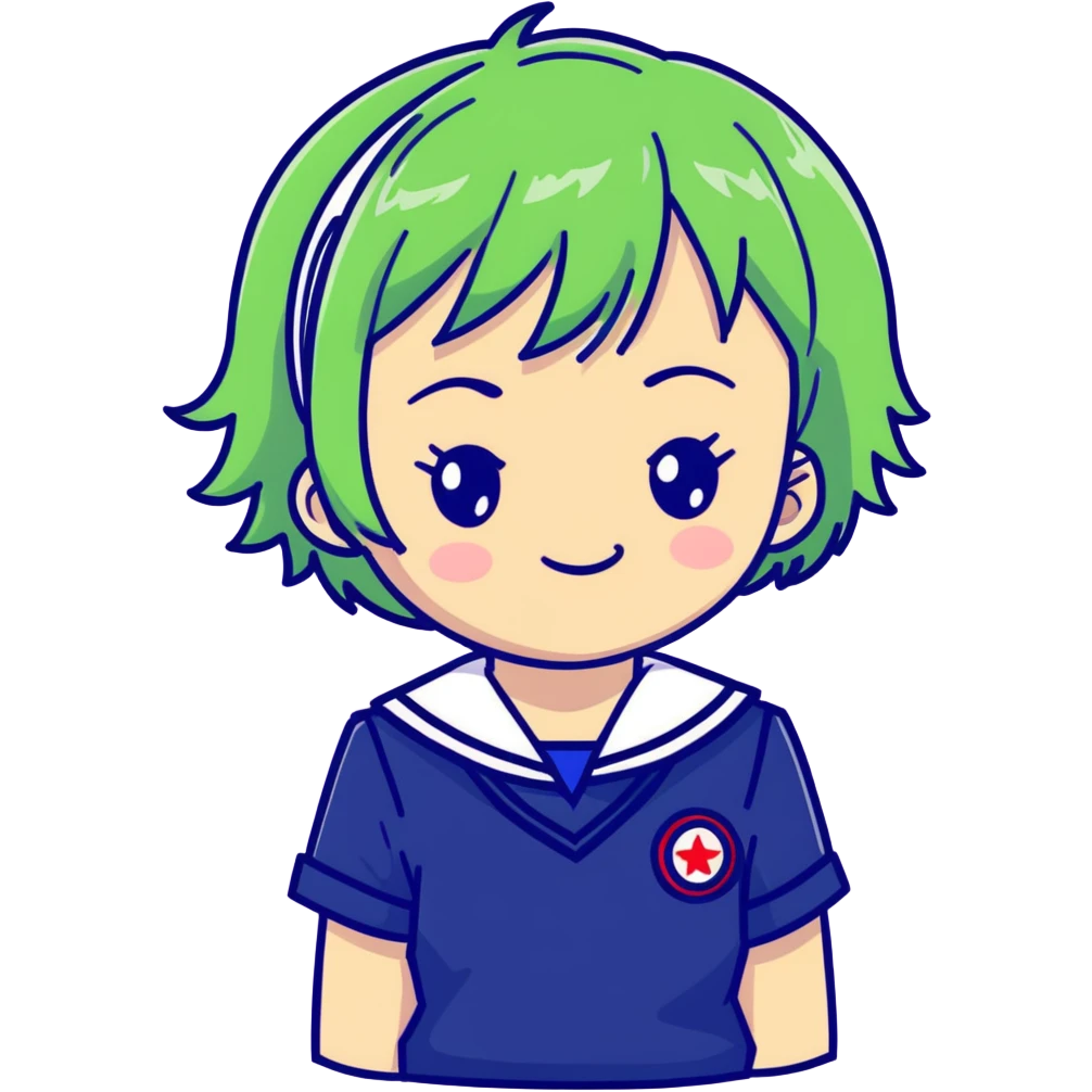 Mischievous anime girl with green short messy hair wearing Japanese sailor style school uniform, smirking and plotting, kawaii style emoji