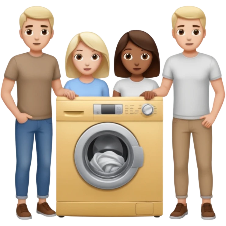 Eine Frau mit dem in der Waschmaschine feststeckt und zwei Männer die hinten an ihr ziehen um ihr zu helfen  emoji
