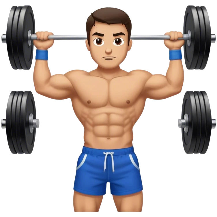 brunette buff man with blue shorts barbell-shrugs emoji