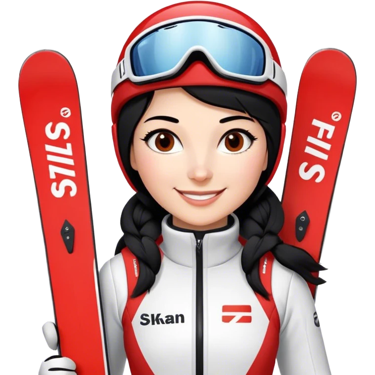 Ski racer woman red white dress written STEPHANIE on the dress and written HEAD on the skis black hair  smile emoji