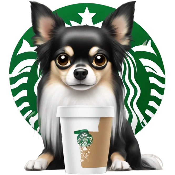 Black white long hair chihuahua with Starbucks  emoji