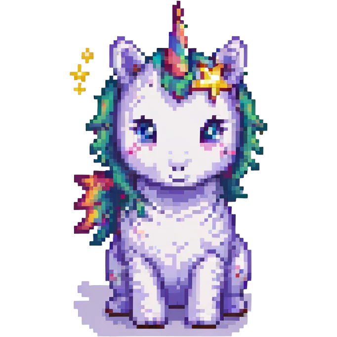 colorful baby unicorn sitting with a star, pixel art style emoji