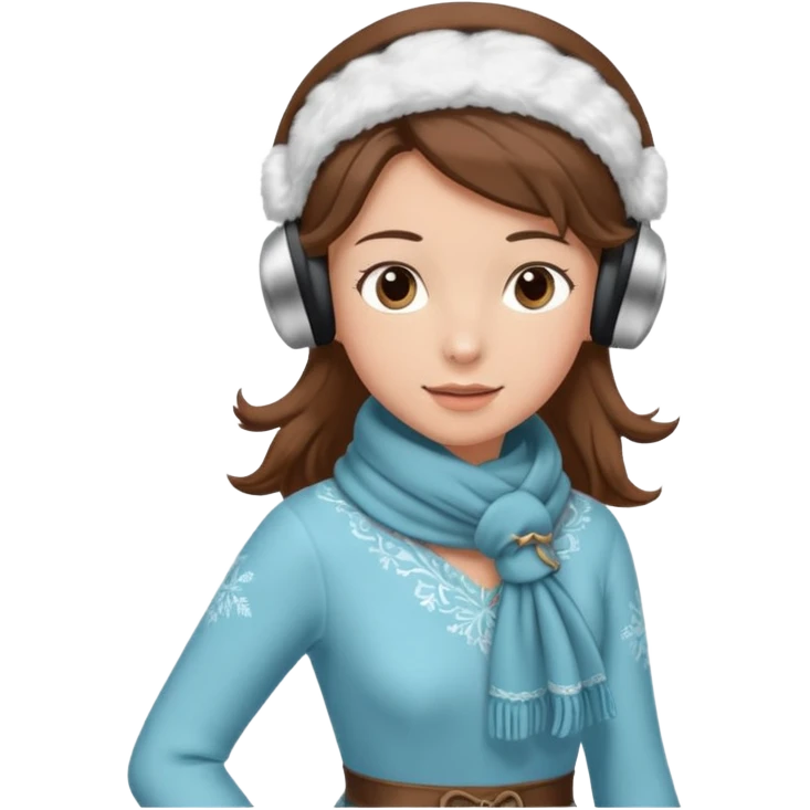 Victorian ice skater in a long dress. She is wearimg a scarf and earmuffs. She has brown hair. emoji