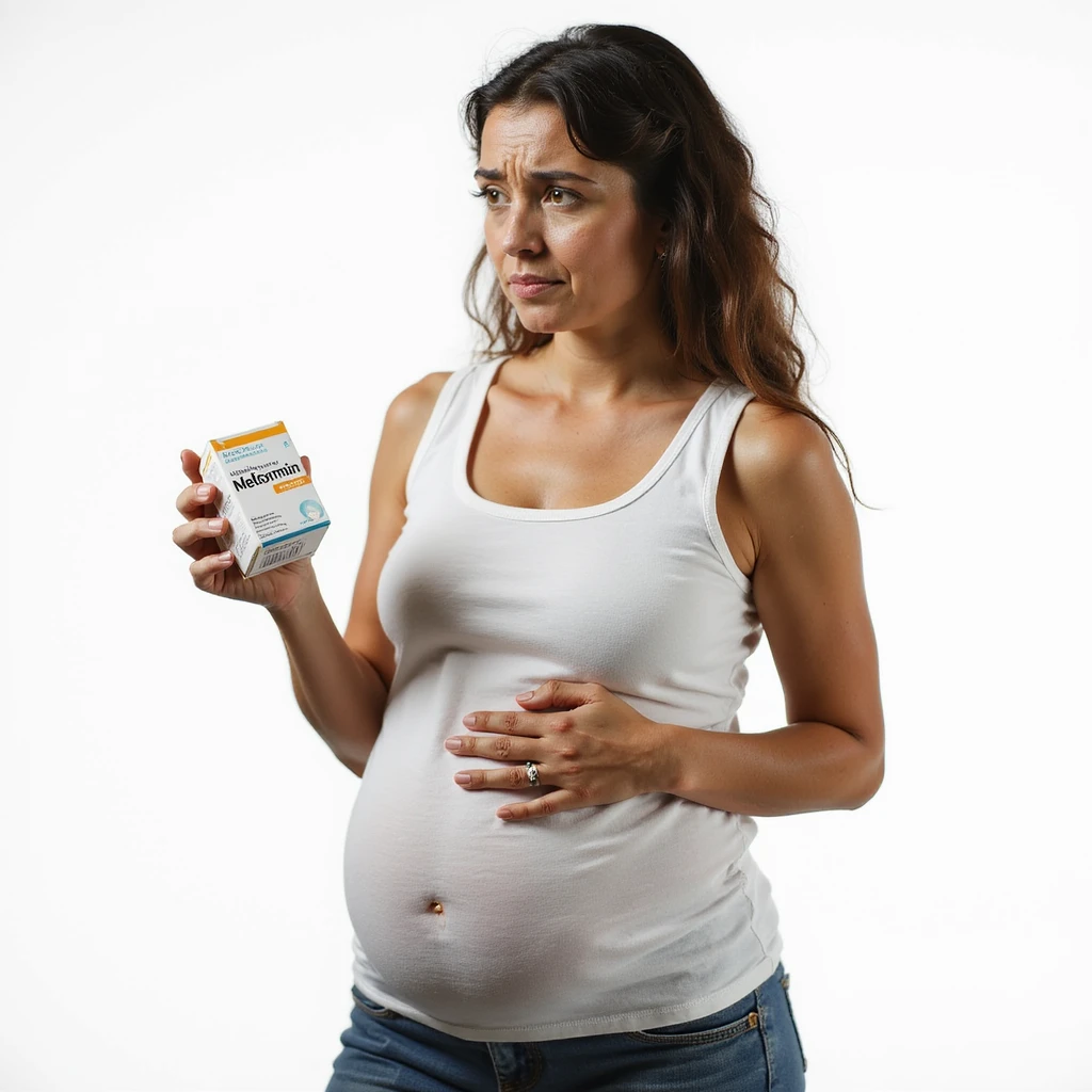 hyperrealistic 4K vertical 9:16 portrait of a woman with PCOS or insulin resistance, tired and frustrated face, holding a box of Metformin looking at it with disappointment, touching her still bloated belly with the other hand, white background emoji