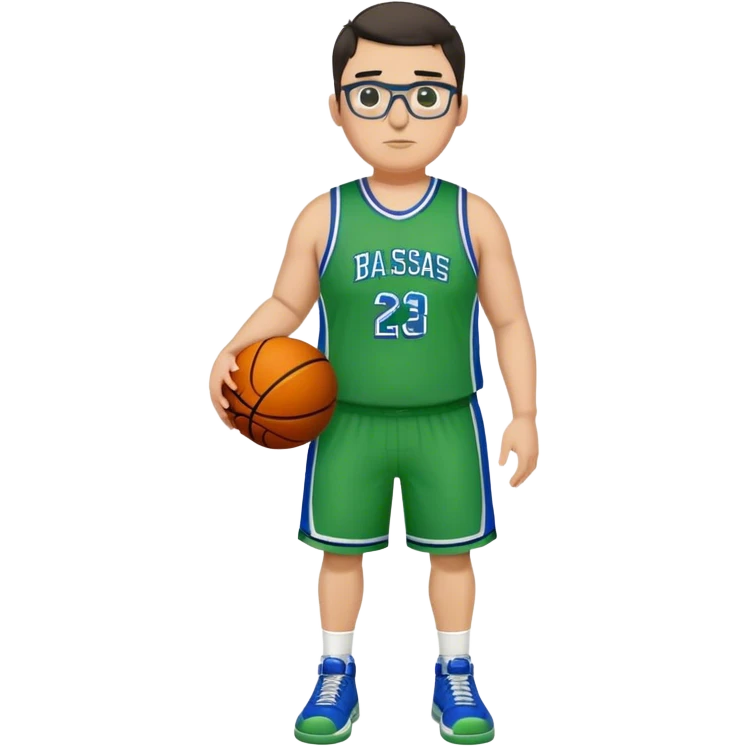 Full Body plus size tall white male with dark short hair basketball player wearing glasses wearing blue  with green uniform emoji