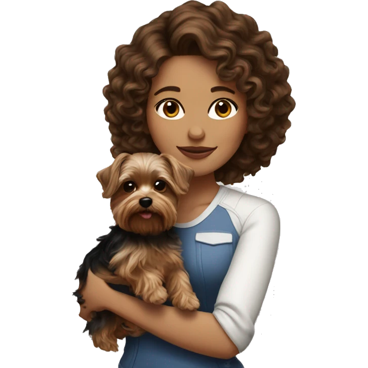 white women with curly medium length brunette hair, holding a cute yorkie dog emoji
