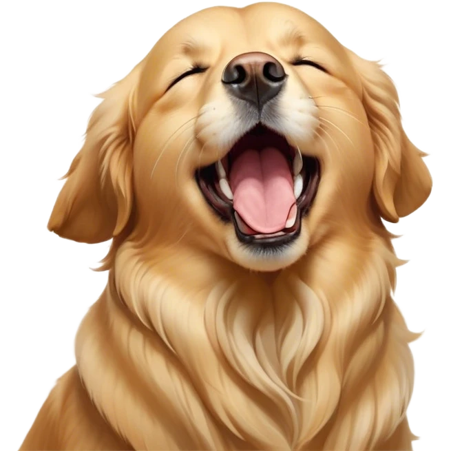 Cinematic Cute Yawning Golden Retriever Portrait Emoji, Head tilted slightly with a dramatic, wide-open yawn, revealing a silky golden coat with a subtle shimmer, floppy ears slightly drooping, round brown eyes barely open in drowsy contentment, Simplified yet irresistibly adorable features, highly detailed, glowing with a soft, cozy glow, high shine, relaxed yet expressive, stylized with a touch of whimsy, bright and endearing, soft glowing outline, capturing the essence of a sleepy yet affectionate companion, so drowsy it feels like it could stretch out of the screen and curl up for a nap! emoji