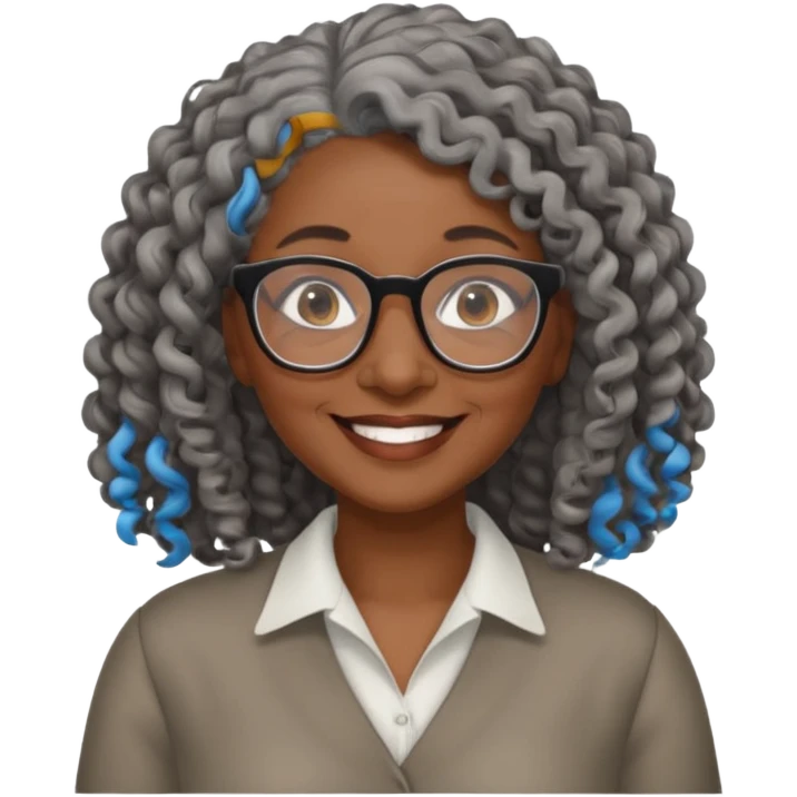 smiling dark older black woman wearing glasses with lots of long curly gray hair a emoji