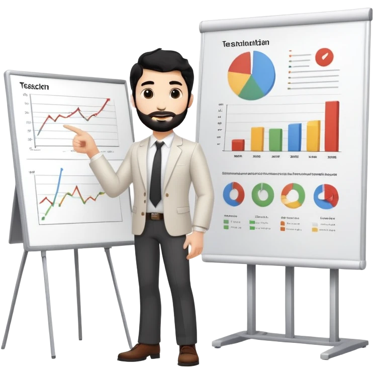 Professional 35-year-old man with black wavy hair, stubble, strong jawline, white skin tone, wearing smart casual business attire, standing and pointing at a presentation chart, teaching pose emoji