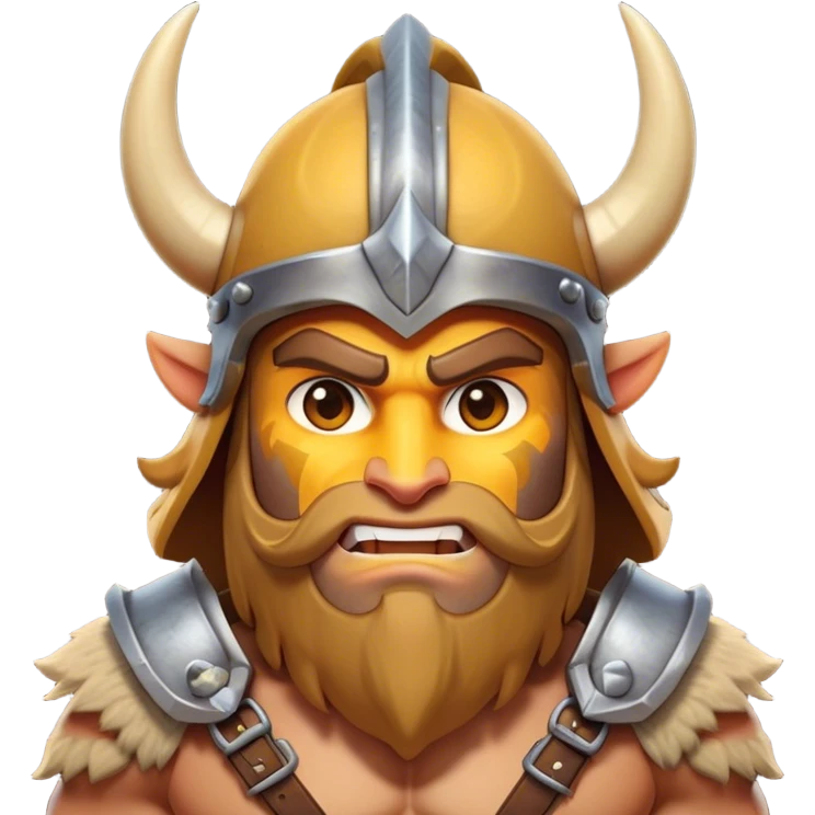 Clash of Clans aesthetic: Cinematic Fierce Barbarian Portrait Emoji, Poised and bold with a rugged yet cartoonish build in tattered furs and a horned helmet, his exposed skin a rich tan, expressive bright eyes and a confident smirk, Simplified yet dynamic features, highly detailed, glowing with a vivid, adventurous aura, high shine, heroic and spirited, stylized with an air of medieval warrior charm, focused and energetic, soft glowing outline, capturing the essence of a fearless barbarian adventurer ready to lead his clan with spirited valor! emoji