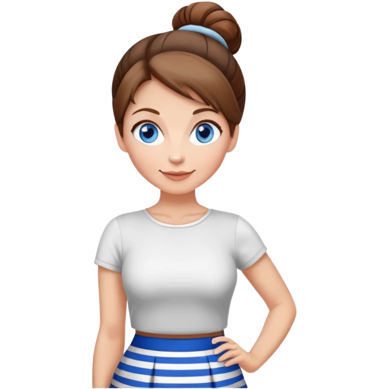 Pretty 50-year-old woman with uiblue and white striped miniskirt brown hair in bun blue eyes emoji