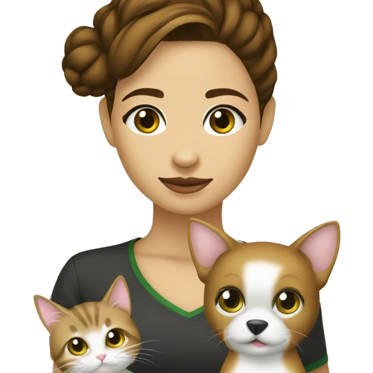 garota pele clara com cabelo cacheado castanho claro  loiro comprido 8 anos com olhos verdes muito escuros e um gato preto e um cachorro caramelo emoji