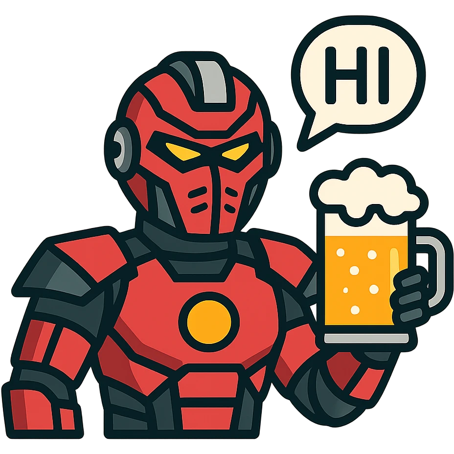 Sector from Mortal Kombat, detailed red-armored ninja robot, holding a glass of beer, fun and casual, speech bubble with 'HI' emoji