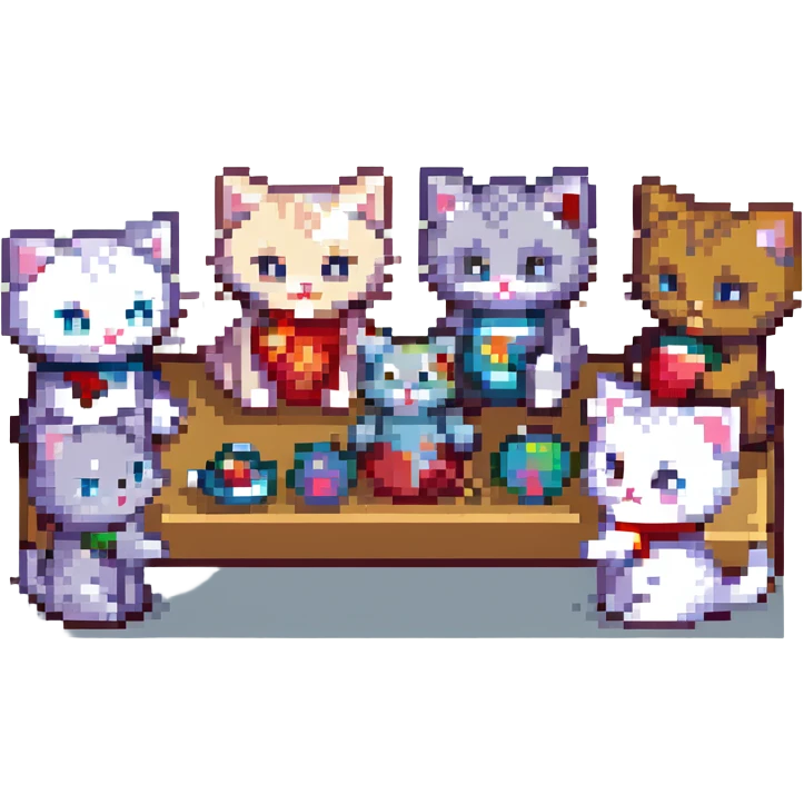 ten cute kittens playing with a doll, pixel art style emoji