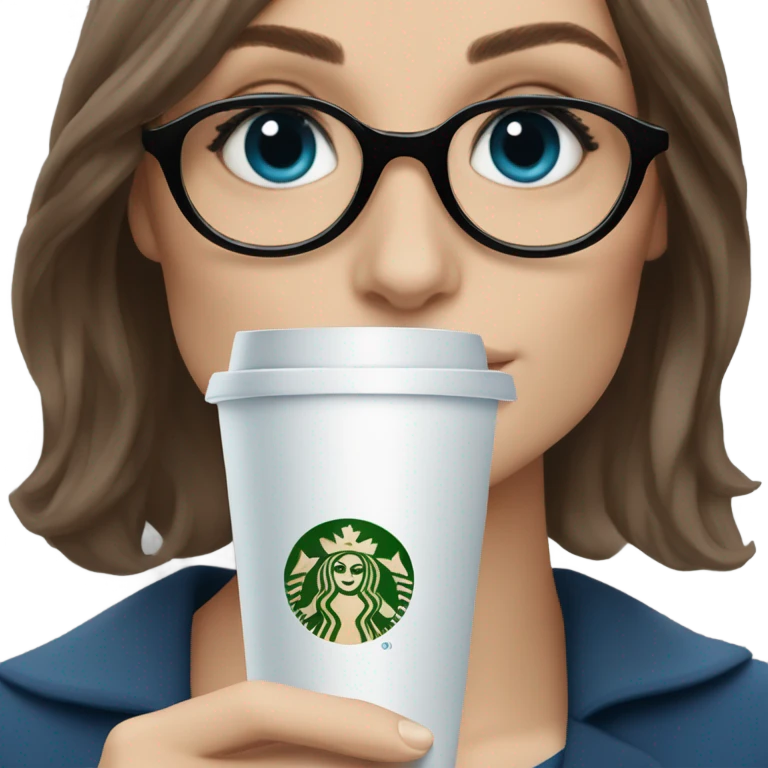 Photo of elegant Keira Knightly wearing bllrrack glasses and blue eyes holding Starbucks  emoji