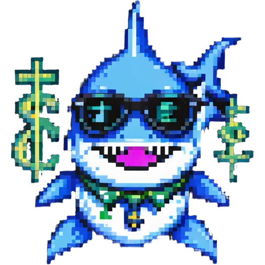 pixel art shark with dollar sign glasses emoji