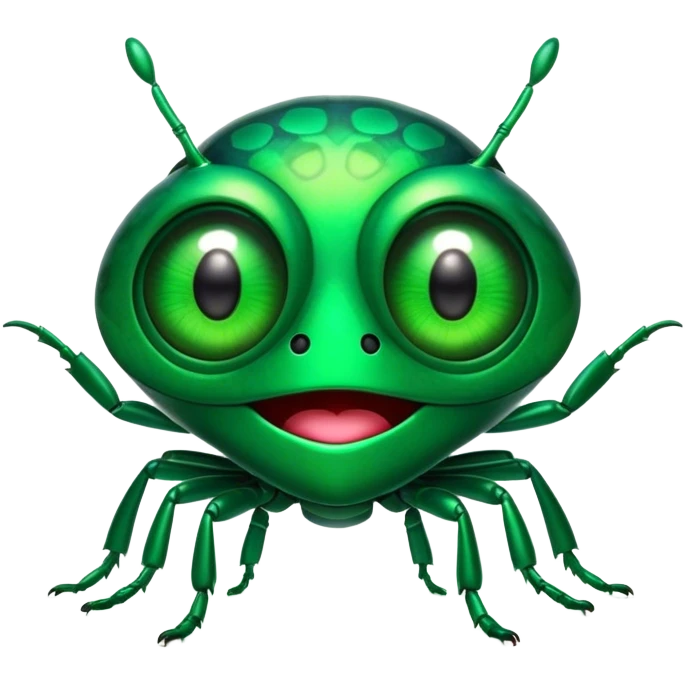 Cinematic Comical Green Bugdie Portrait Emoji, Head tilted dramatically with an exaggeratedly amused expression, featuring a striking, glossy emerald exoskeleton with bold patterns, wide, expressive multifaceted eyes filled with playful disbelief, Simplified yet hilariously expressive features, highly detailed, glowing with a slightly sassy glow, high shine, dramatic yet playful, stylized with an air of cheeky mischief, bright and endearing, soft glowing outline, capturing the essence of a spirited and over-the-top bug, so meme-worthy it feels like it could side-eye its way into internet fame instantly! emoji