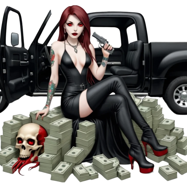 Lilith symbol red eye seductress evil long brown haired sexy succubus woman with leather long dress with slit, sitting in Big Large F350 pickup truck. Black Platform high heels on feet. Tattoo sleeve arms, seat full of stacks of cash, and a man dead human skull of her enemies and a gun in other hand emoji
