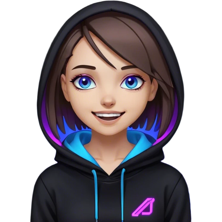 a girl with a brown bob and blue eyes in a black hoodie laughs and holds her head Cyberpunk style. Violet neon. emoji