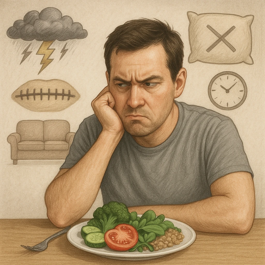 Realistic style illustration of a man in his thirties sitting at a table, looking suspiciously at a plate of healthy food. Behind him, transparent symbolic elements: a storm above the head representing stress, a sewn mouth representing repressed emotions, a pillow with an X representing insomnia, and a sofa with a clock representing sedentariness. Neutral atmosphere, realistic symbolic style. emoji