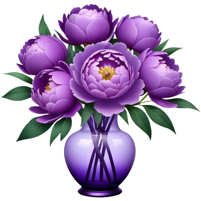 "A bouquet of peonies in various shades of purple, from pale lilac to deep violet, is arranged in a translucent purple glass vase with subtle curves. The petals are layered, some gently curling outward, while others remain tightly clustered. A wide, satin violet ribbon is tied around the vase, its ends draping softly over the surface below."
 emoji