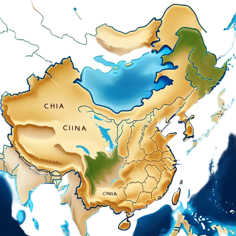 Cinematic-realistic outline of china, featuring its distinct landmass with accurately defined coastlines. The deep blue ocean surrounds the golden-brown continent, with subtle topographic shading to highlight its terrain. A soft glowing effect enhances the edges, making the shape stand out against a neutral, textured background. emoji