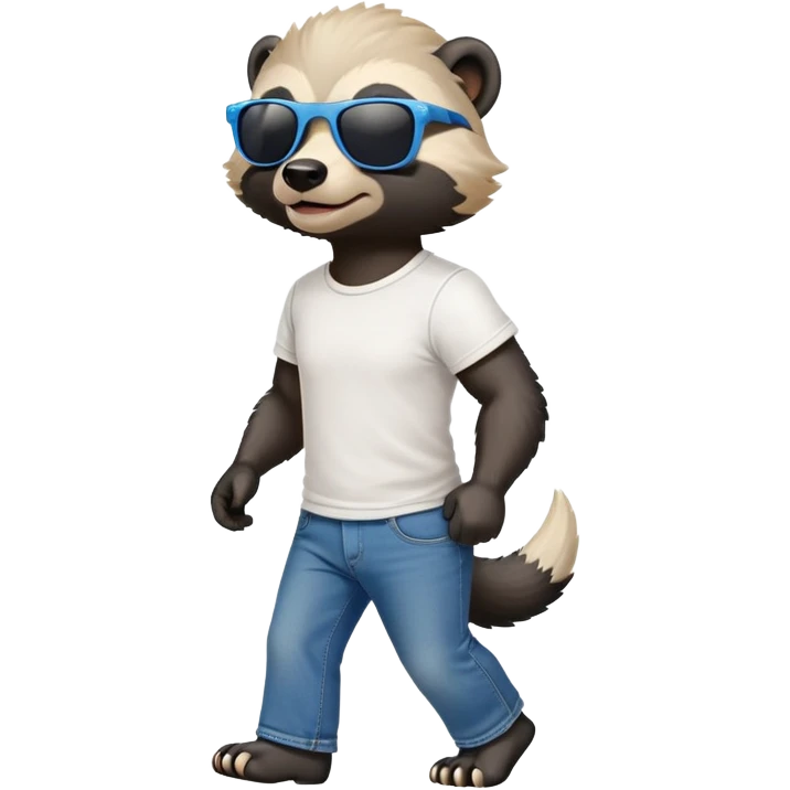 friendly anthropomorphised honey badger in jeans and a t-shirt, wearing sunglasses, walking upright, standard pose emoji