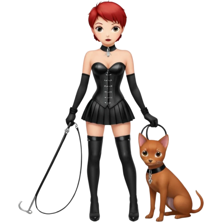 mistress, ragazza dominante, capelli rossi corti, sguardo serio, corsetto in pelle nero lucido, minigonna in latex, frusta in mano, guanti lunghi neri, calze autoreggenti nere, tacchi alti, ragazzo con collare e guinzaglio in mano alla ragazza emoji