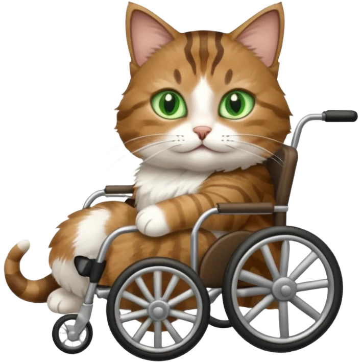 disabled brown tabby and white cat using cat wheelchair emoji