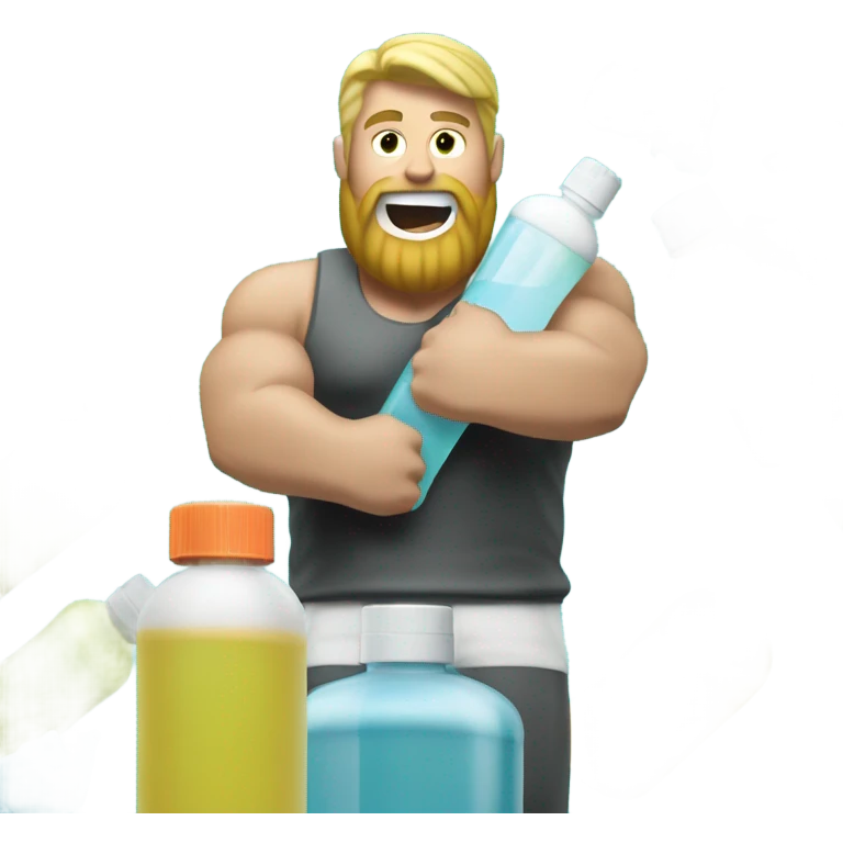 Buff man with blonde short hair and a medium length blonde beard riding on top of a giant bottle of listerine emoji