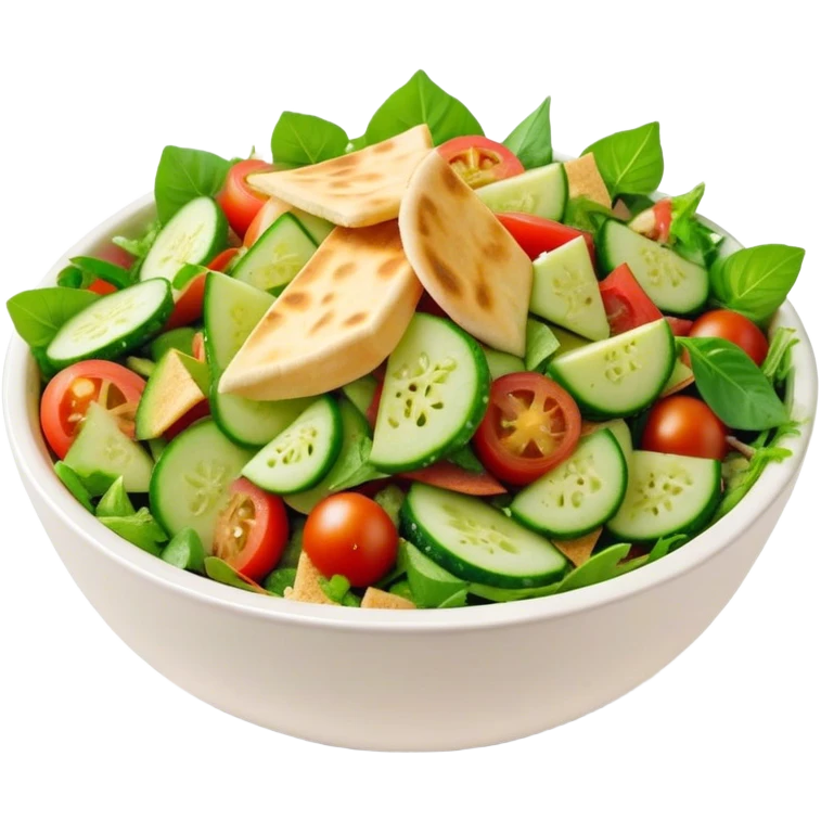 Cinematic Realistic Fattoush Salad Dish Emoji, depicted as a colorful medley of greens, tomatoes, cucumbers, and crispy pita rendered with vibrant textures and refreshing lighting. emoji