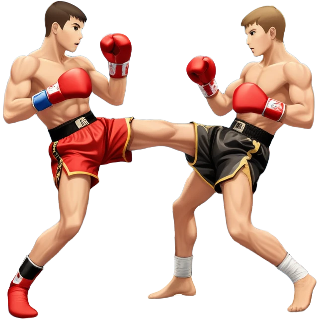 An icon showcasing a high-energy kickboxing match. Two fighters in action, one delivering a powerful roundhouse kick while the other defends with gloves raised. The background features a professional ring with bright lights and a cheering crowd. Transparent background. emoji