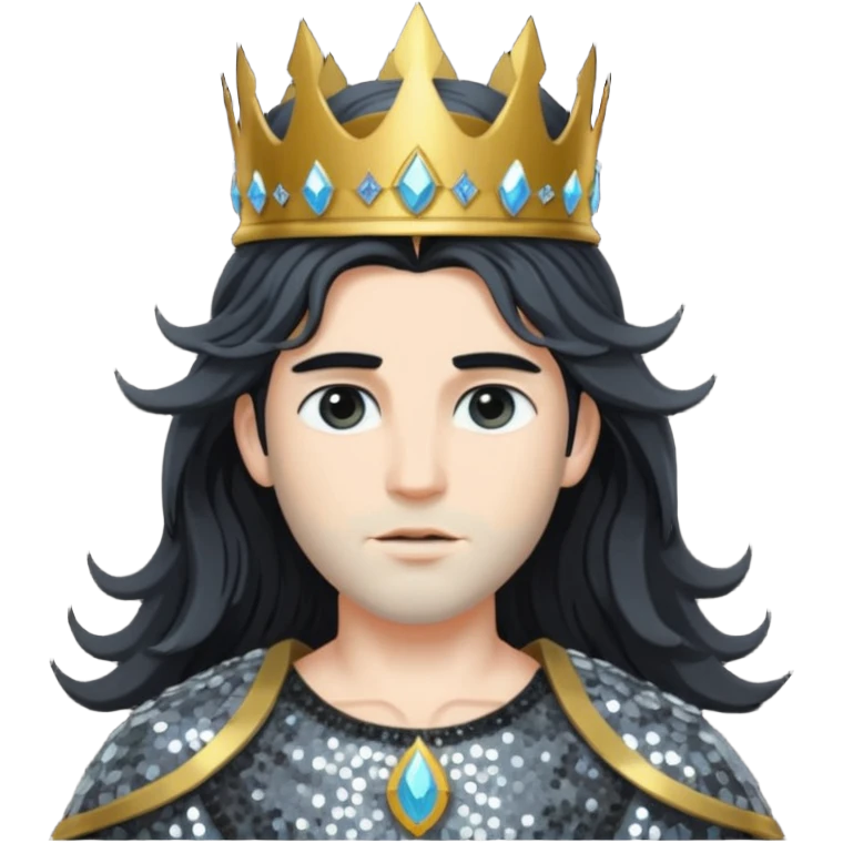 Boreas, God of North Wind from Gods and Goddesses with long black shaggy hair, dark gray sequin outfit emoji