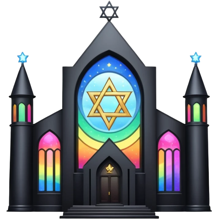 jewish synagogue temple in dark goth aesthetic style with black building and very light rainbow tint glass windows and star of david and celestial symbolism emoji