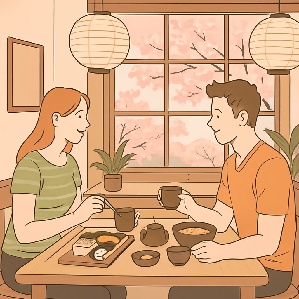A man and woman sitting across from each other at a small wooden table in a cozy Japanese cafe. They are enjoying traditional Japanese food and tea. The cafe has minimalist decor with paper lanterns, plants, and a view of cherry blossoms outside the window. emoji