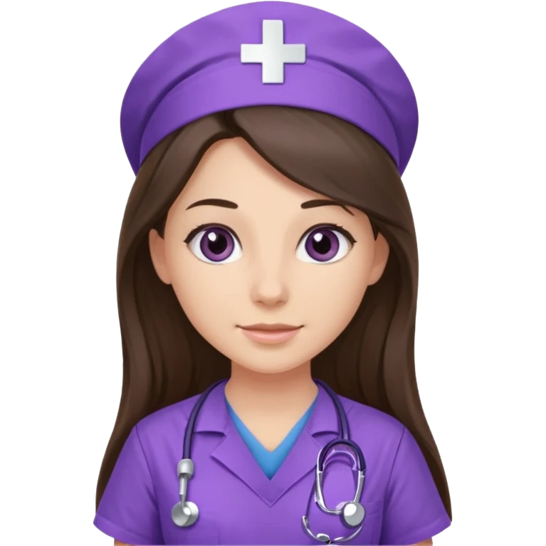 pretty brunette nurse with long hair in purple scrubs emoji