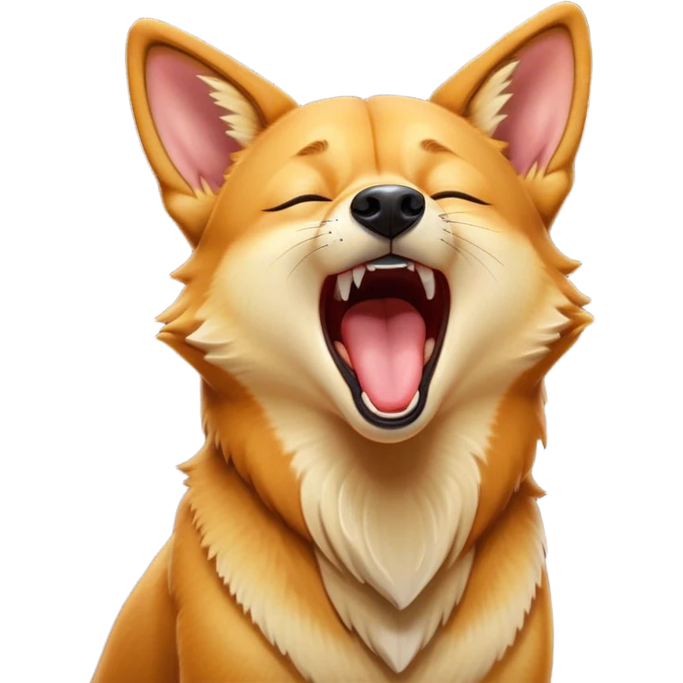 Cinematic Cute Yawning Dingo Portrait Emoji, Head tilted slightly with a dramatic, wide-open yawn, showcasing a soft, sandy fur with gently drooping ears and round amber eyes barely open in drowsy contentment, Simplified yet irresistibly adorable features, highly detailed, glowing with a soft, cozy glow, high shine, relaxed yet expressive, stylized with a touch of wild charm, bright and endearing, soft glowing outline, capturing the essence of a sleepy yet affectionate dingo, so drowsy it feels like it could stretch out of the screen and curl up for a nap! emoji