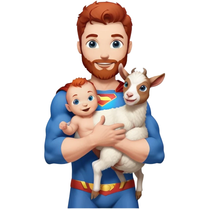 Full body Adult Superman Blue Eyes Scruffy Redish hair and redish trimmed Beard Muscle happy holding a happy baby goat with blue hair emoji